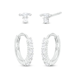 Cubic Zirconia Cluster Post and Pavé Huggie Hoop in Solid Sterling Silver
