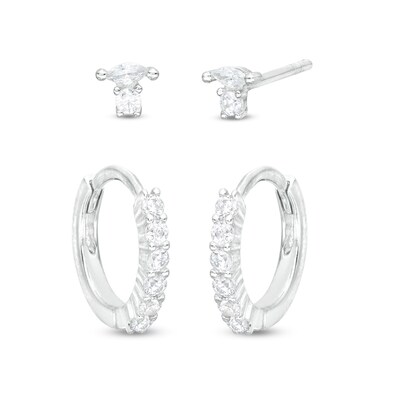 Solid Sterling Silver Marquise and Round CZ Studs and Pavé Huggie Hoops Set