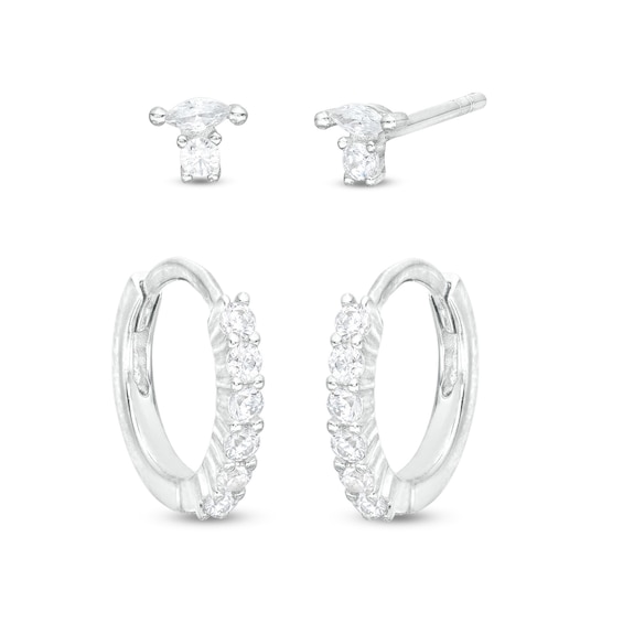 Solid Sterling Silver Marquise and Round CZ Studs and Pavé Huggie Hoops Set