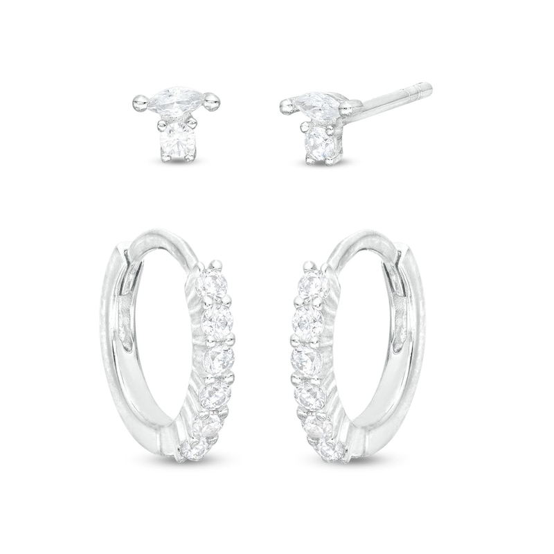 Solid Sterling Silver Marquise and Round CZ Studs and Pavé Huggie Hoops Set