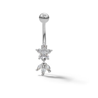 Stainless Steel CZ Lotus Flower Dangle Belly Button Ring - 14G 7/16"