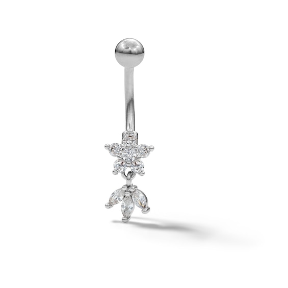 Stainless Steel CZ Lotus Flower Dangle Belly Button Ring - 14G 7/16"