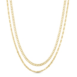 Double Flat Curb and Mirror Cable Chain Necklace in 10K Solid Gold Bonded Sterling Silver - 17&quot;
