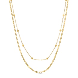 Double Bead and Mirror Cable Chain Necklace in 10K Solid Gold Bonded Sterling Silver - 17&quot;