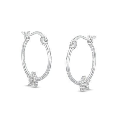 Cubic Zirconia Flower Hoop Earrings in Solid Sterling Silver