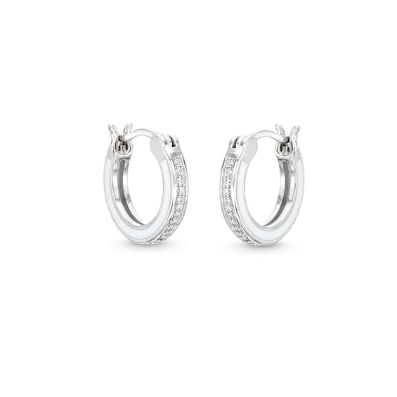 Cubic Zirconia and White Enamel Hoop Earrings in Solid Sterling Silver