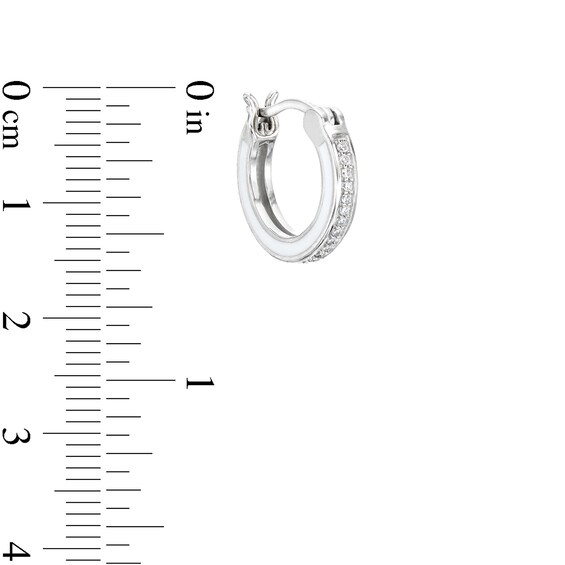 Cubic Zirconia and White Enamel Hoop Earrings in Solid Sterling Silver