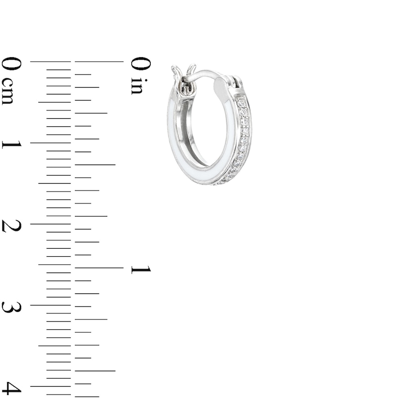 Cubic Zirconia and White Enamel Hoop Earrings in Solid Sterling Silver