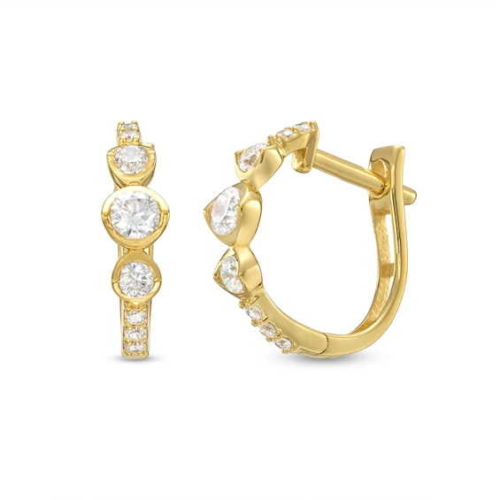 Cubic Zirconia Three Center Stone Huggie Hoop Earrings in 10K Gold