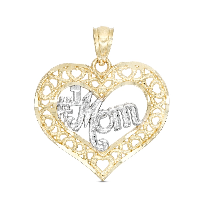 #1 Mom XO Heart Necklace Charm in 10K Two-Tone Gold