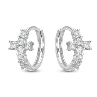Cubic Zirconia Cross Huggie Hoop Earrings in Solid Sterling Silver 