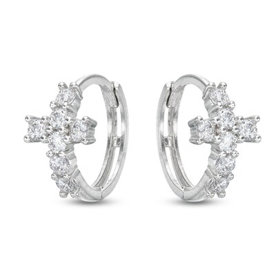 Cubic Zirconia Cross Huggie Hoop Earrings in Solid Sterling Silver 