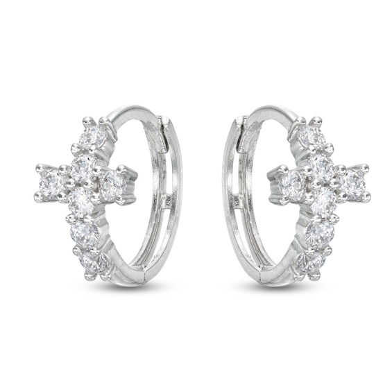 Cubic Zirconia Cross Huggie Hoop Earrings in Solid Sterling Silver 
