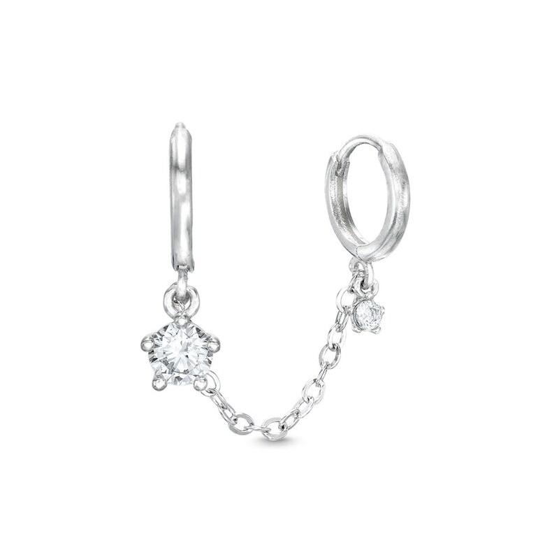 Semi-Solid Sterling Silver CZ Chain Double Huggie Hoop Single Earring