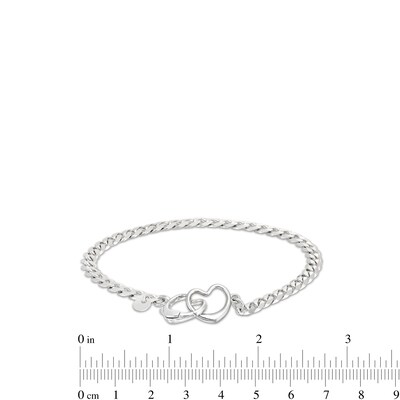 Made in Italy Diamond-Cut Pavé Interlocking Heart Curb Chain Bracelet in Solid Sterling Silver - 7.5"
