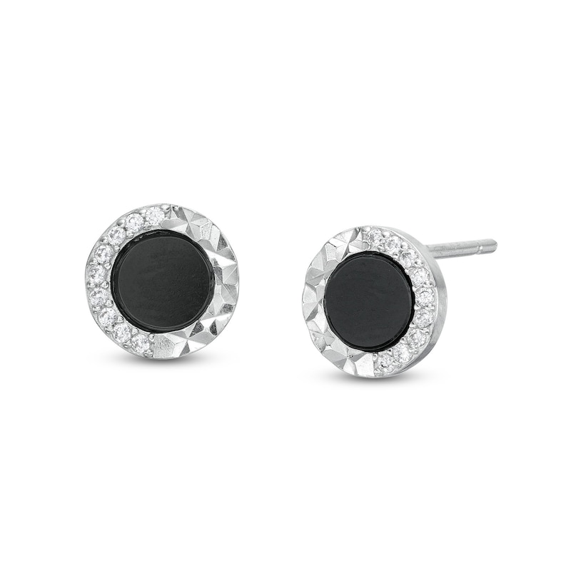 Cubic Zirconia Black Enamel Circle Stud Earrings in Solid Sterling Silver - XL Posts