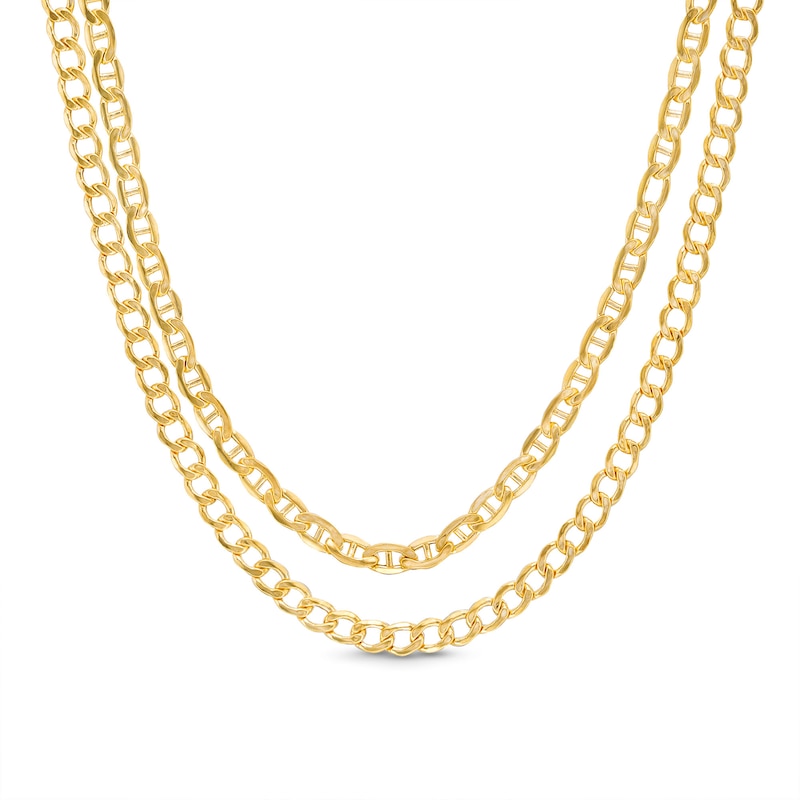 Double Mariner and Bevelled Curb Chain Necklace in 10K Hollow Gold Bonded Sterling Silver - 17"