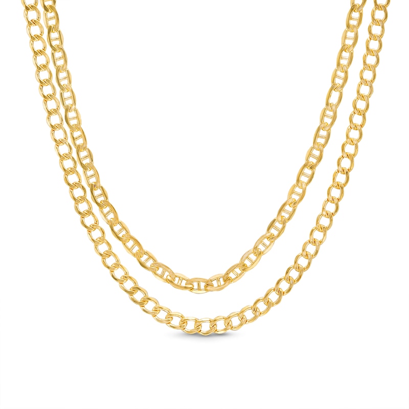 Main Image 1 of 10K Hollow Gold Bonded Double Mariner and Bevelled Curb Layered Chain - 17"