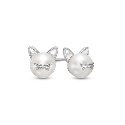 Freshwater Cultured Pearl Cat Stud Earrings in Semi-Solid Sterling Silver