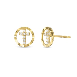 Cubic Zirconia Cross in Circle Stud Earrings in 10K Solid Gold