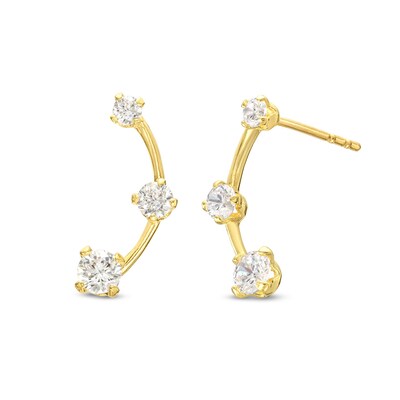 Cubic Zirconia Three Stone Climber Stud Earrings in 10K Solid Gold