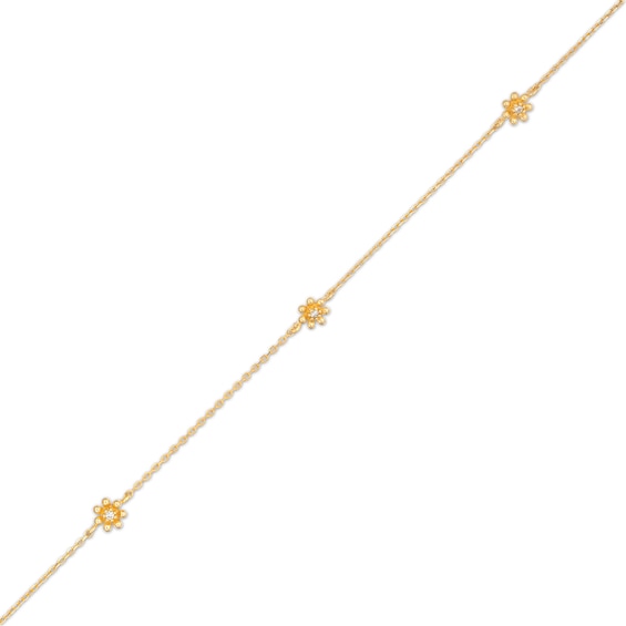 Cubic Zirconia Flower Station Chain Anklet in 10K Semi-Solid Gold - 10"
