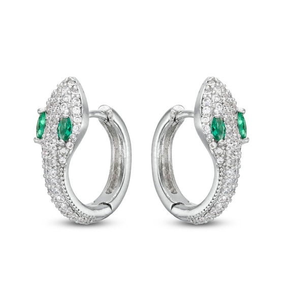 Cubic Zirconia Green Eyed Snake Huggie Hoop Earrings in Solid Sterling Silver