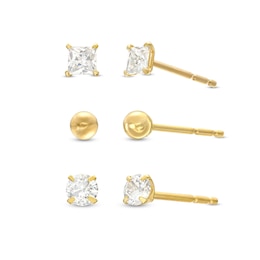 Cubic Zirconia 3mm Square, Round and Ball Stud Earring Set in 10K Gold