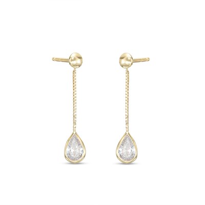 Cubic Zirconia Bezel Pear Dangle Chain Earrings in 10K Solid Gold