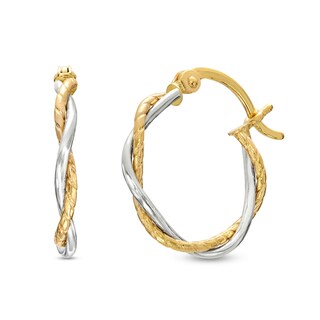 15mm Two-Tone Double Twist Rope Hoop Earrings in 10K Gold