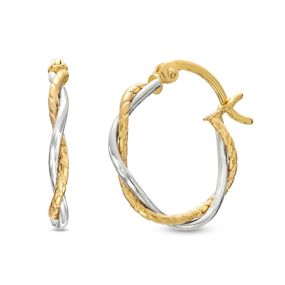 15mm Two-Tone Double Twist Rope Hoop Earrings in 10K Gold