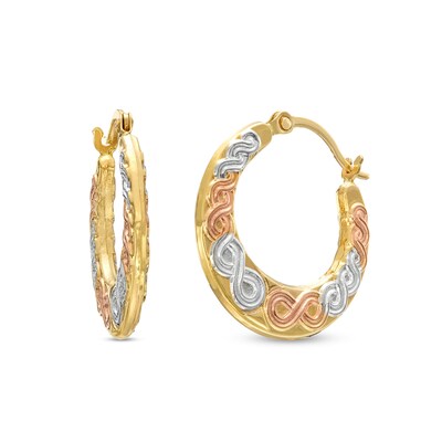 17mm Stamped Tri-Tone Hoop Earrings in 10K Solid Gold