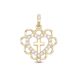 Cubic Zirconia Cross Open Heart Necklace Charm in 10K Gold