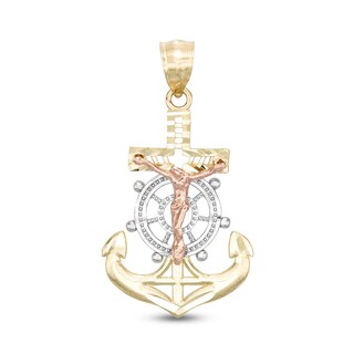 Crucifix Anchor Tri-Tone Necklace Charm in 10K Gold