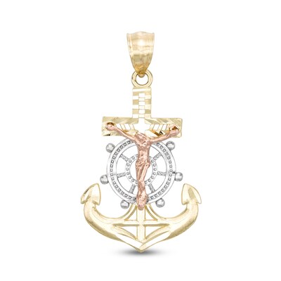 Crucifix Anchor Tri-Tone Necklace Charm in 10K Gold