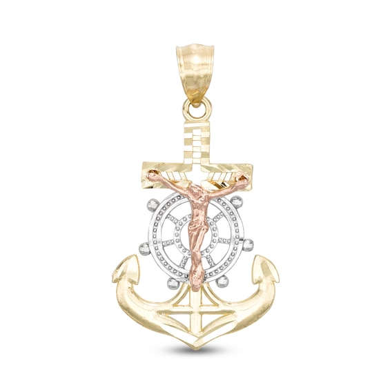 Crucifix Anchor Tri-Tone Necklace Charm in 10K Gold