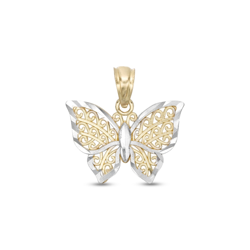 Small Filigree Butterfly Two-Tone Necklace Charm in 10K Gold