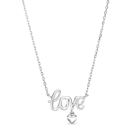 Sterling Silver Small Cursive Love with Heart Dangle Pendant - 16" + 2"