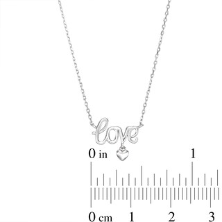 Sterling Silver Small Cursive Love with Heart Dangle Pendant - 16" + 2"