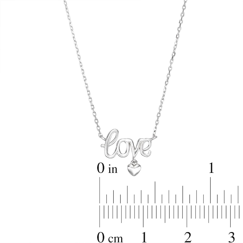Main Image 2 of Sterling Silver Small Cursive Love with Heart Dangle Pendant - 16" + 2"