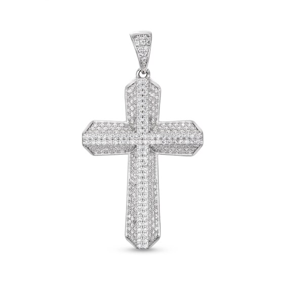 Cubic Zirconia Large 3D Cross Necklace Charm in Sterling Silver