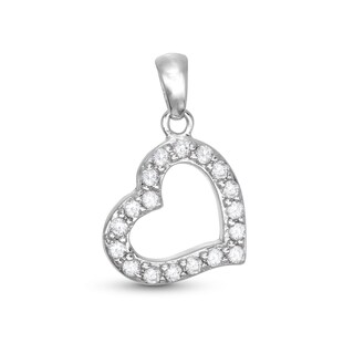 Solid Sterling Silver CZ Medium Tilted Open Heart Necklace Charm