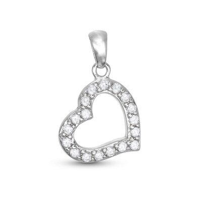 Solid Sterling Silver CZ Medium Tilted Open Heart Necklace Charm