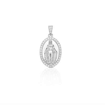 Solid Sterling Silver CZ Oval Frame Our Lady of Guadalupe Necklace Charm