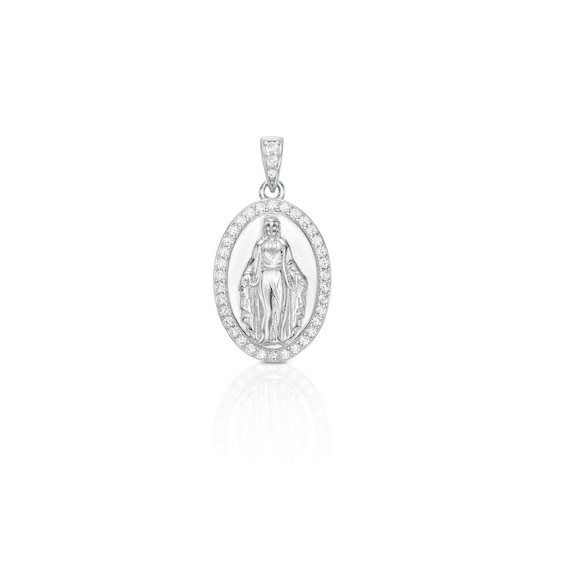 Cubic Zirconia Oval Frame Our Lady of Guadalupe Necklace Charm in Sterling Silver