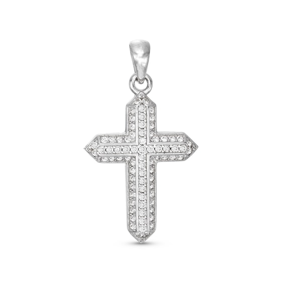 Cubic Zirconia PavÃ© Bold Triple Row Cross Necklace Charm in Sterling Silver