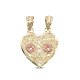 Te Amo Rose Breakable Heart Two-Tone Necklace Charm in 10K Gold