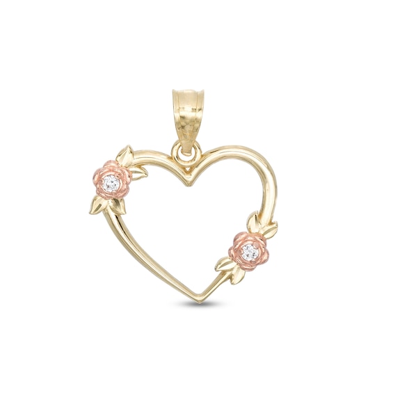 Cubic Zirconia Rosebud Open Heart Two-Tone Necklace Charm in 10K Gold