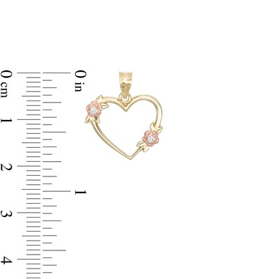 Cubic Zirconia Rosebud Open Heart Two-Tone Necklace Charm in 10K Gold