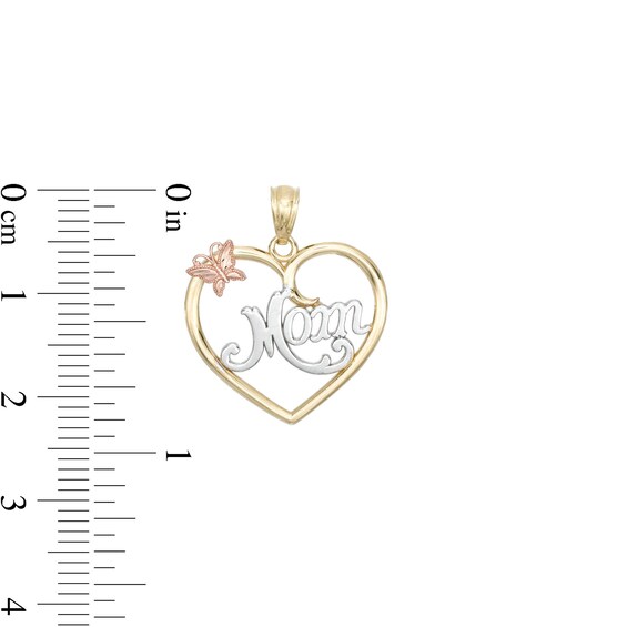 Mom Butterfly Heart Tri-Tone Necklace Charm in 10K Gold